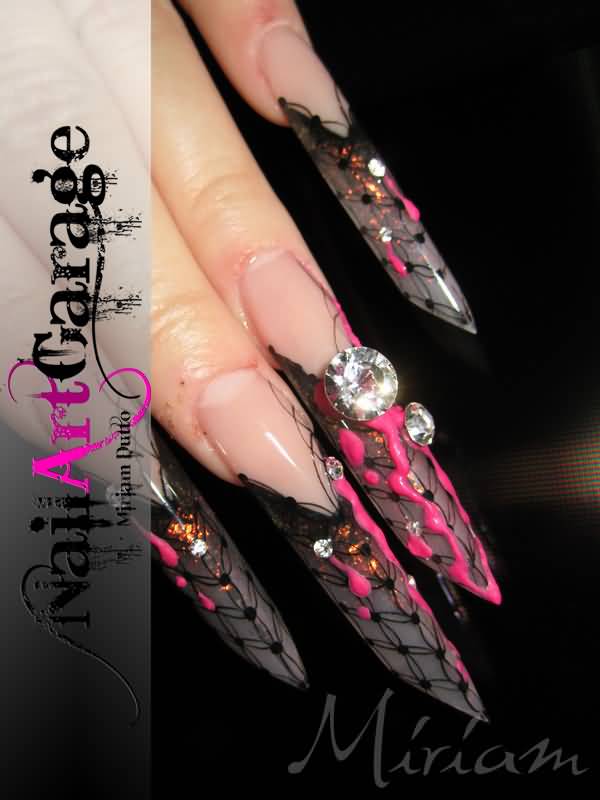 Pink Blood And Black Lace Design Edge Nail Art With Pearls