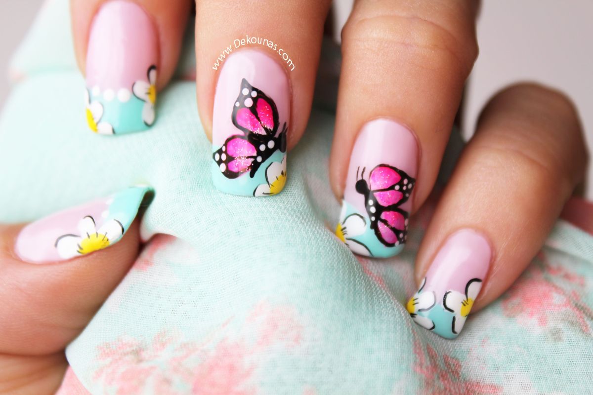 Pink Butterflies Nail Art Design Idea