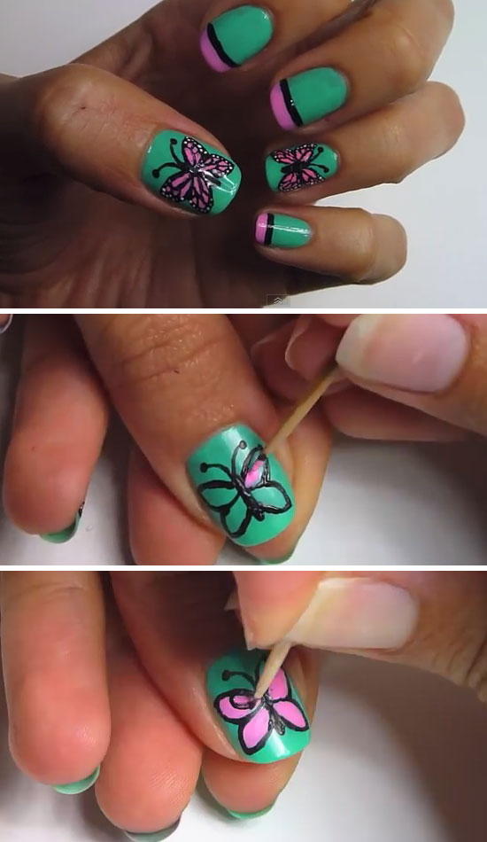 Pink Butterfly On Green Nails Tutorial Design Idea