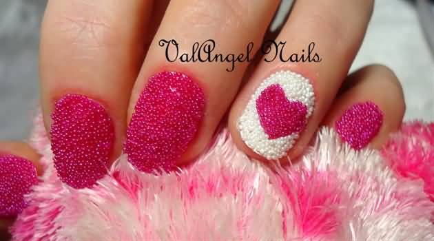 Pink Caviar Beads Heart Nail Art