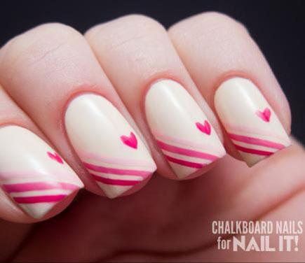 Pink Diagonal Stripes And Heart Nail Art