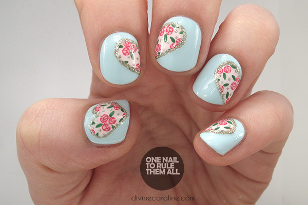Pink Flowers Heart Nail Art On Blue Nails