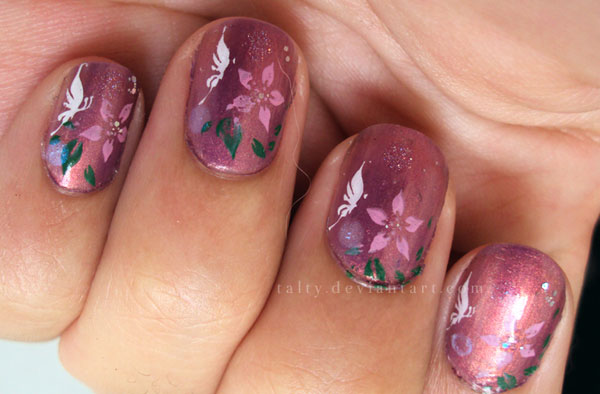 Pink Flowers With White Butterflies Nail Art