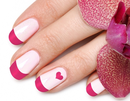 Pink French Tip And Accent Heart Nail Art