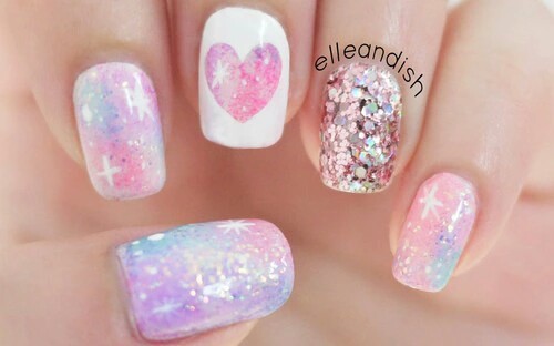 Pink Galaxy Heart Nail Art