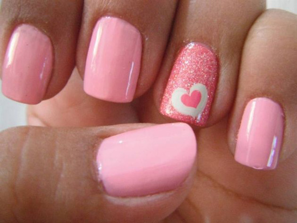 Pink Glitter Gel Accent White Heart Nail Art Idea