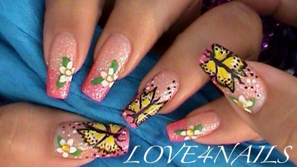 Pink Glitter Gel Nails With Butterflies And Flowers Nail Art