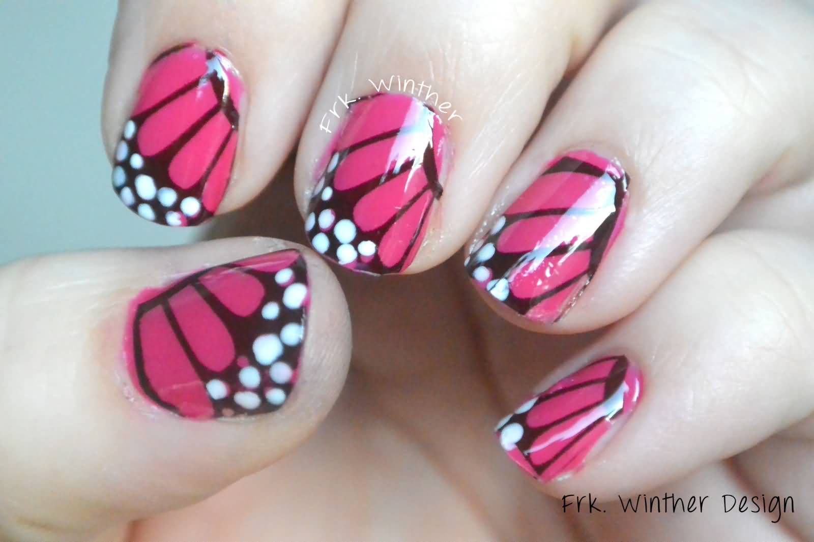 Pink Glossy Butterfly Wings Nail Art Design Idea