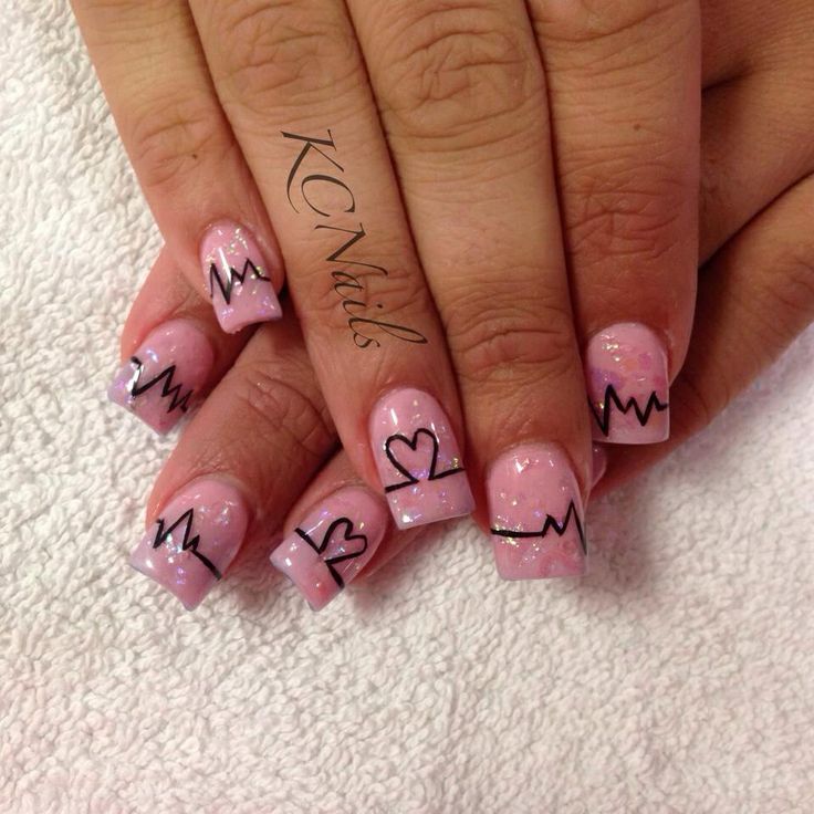 Pink Glossy Nails With Heartbeat Nail Art Idea