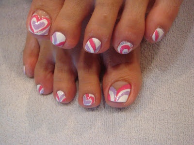 Pink Heart Nail Art For Toe Nails