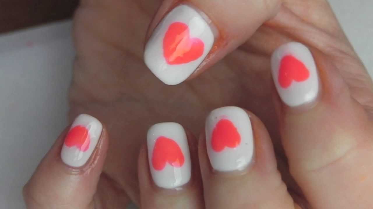 Pink Heart On White Nails Design Idea