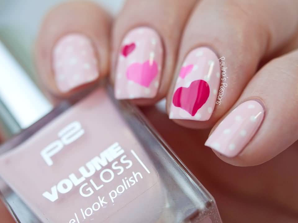 Pink Heart With White Dots Nail Art Idea