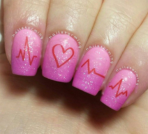 Pink Heartbeat Nail  Art Design