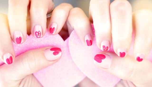 Pink Hearts French Tip Nail Art Design