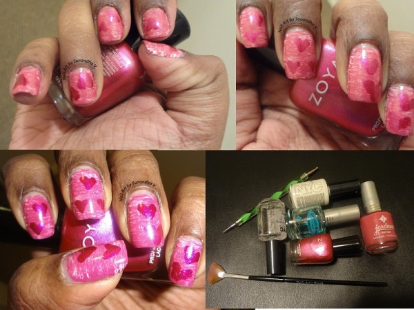 Pink Hearts Nail Art On Fanned Nails
