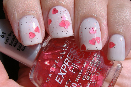 Pink Hearts Nail Art With Sparkle Design