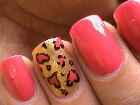 Pink Hearts On Golden Glitter Accent Nails