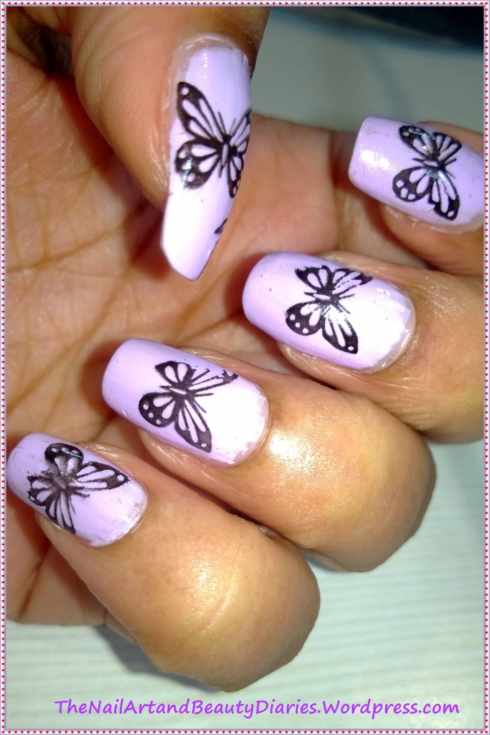 Pink Nails With Black Butterflies Nail Art