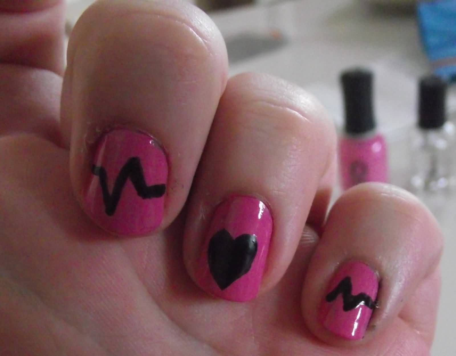 Pink Nails With Black Heart And Beat Design Nail Art