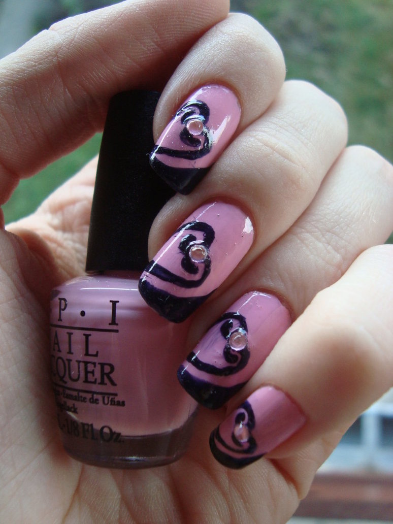 Pink Nails With Black Heart Nail Art With Rhinestones By Dancing Ginger.