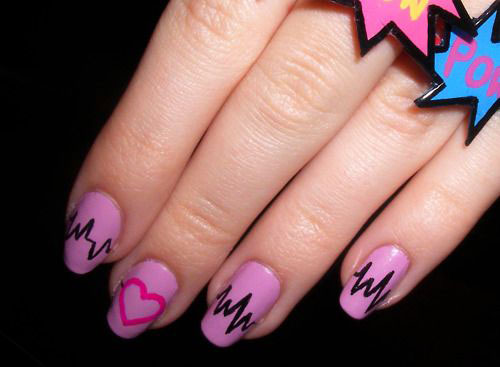 Pink Nails With Black Heartbeat Nail Art Design