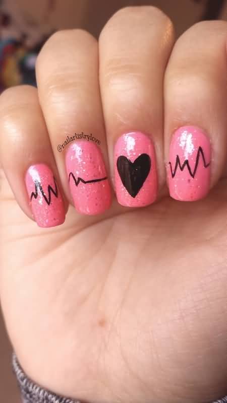 Pink Nails With Black Heartbeat Nail Design Idea