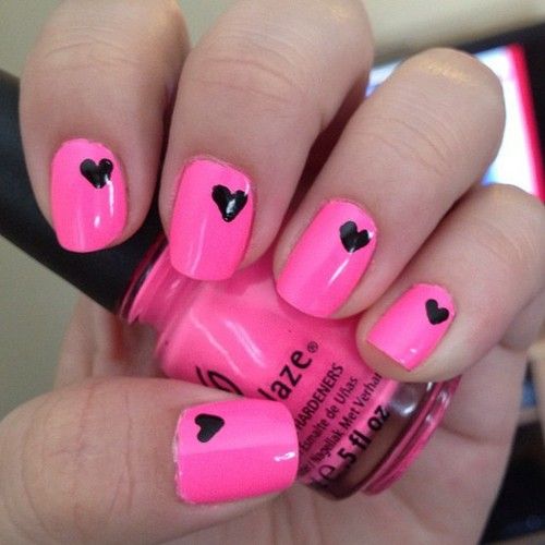 Pink Nails With Black Hearts Nail Art Design Idea