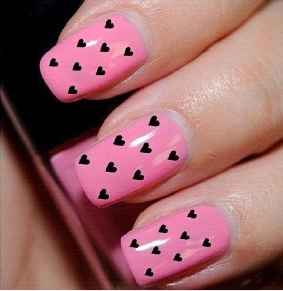 Pink Nails With Black Hearts Nail Art
