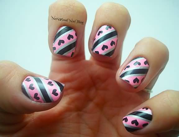 Pink Nails With Black Stripes And Heart Design Nail Art Idea
