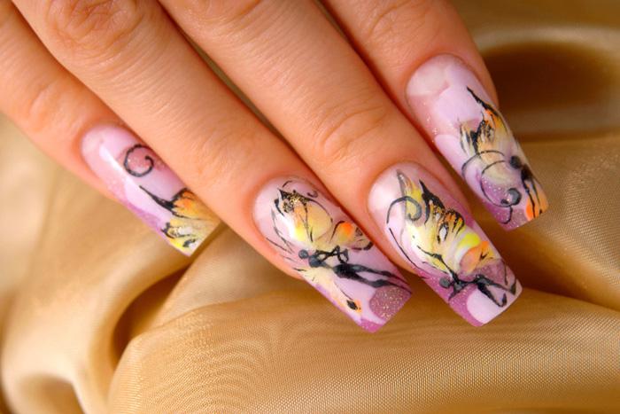 Pink Nails With Butterflies Nail Art