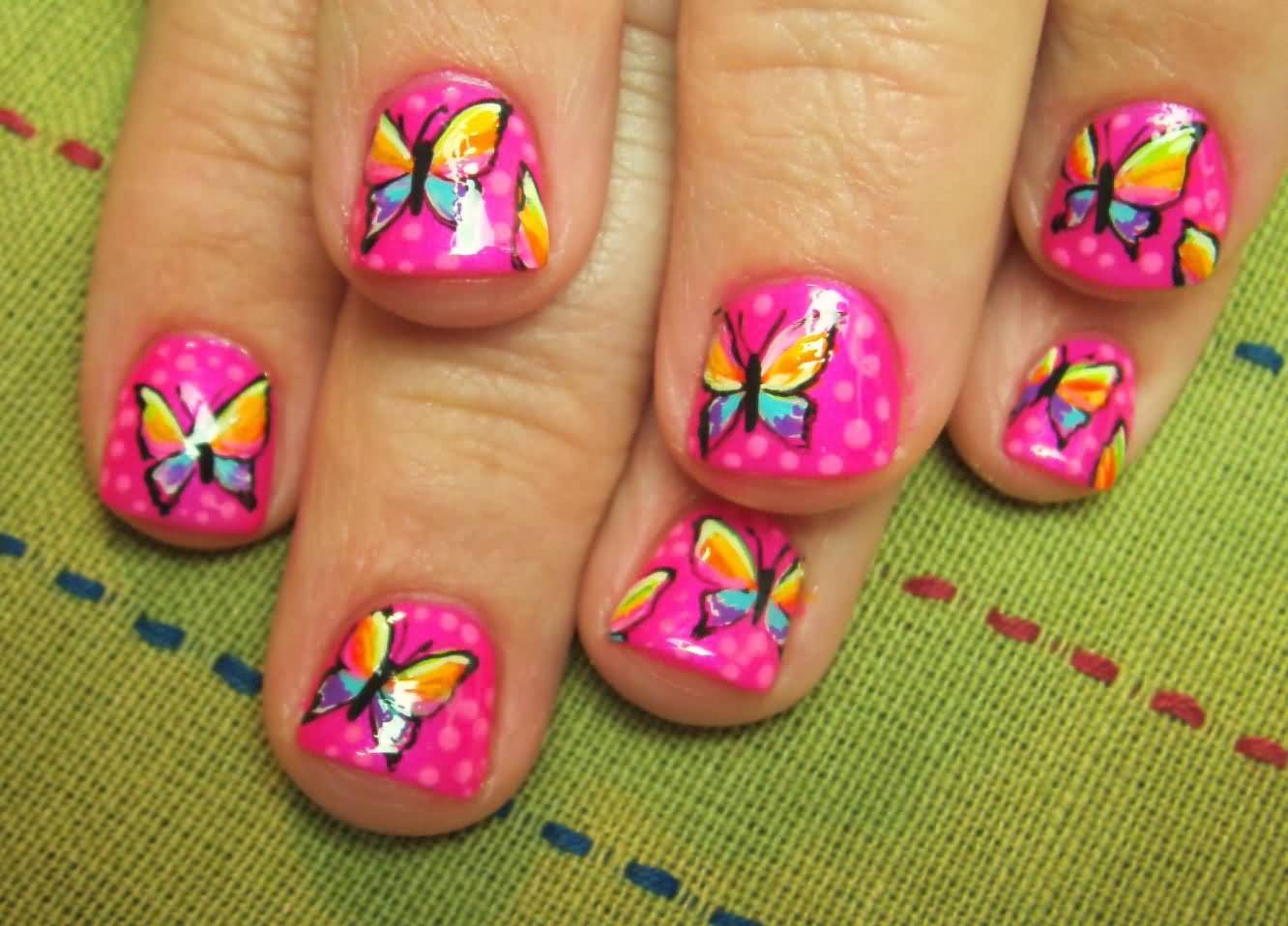Pink Nails With Cute Butterflies Nail Art Design Idea