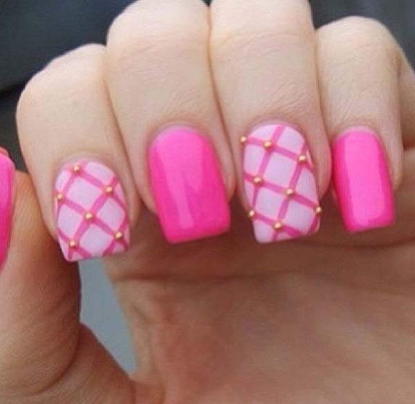 Pink Nails With Gold Caviar Beads Pattern Nail Art