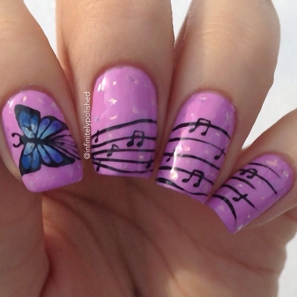 Pink Nails With Musical Notes And Blue Butterfly Nail Art