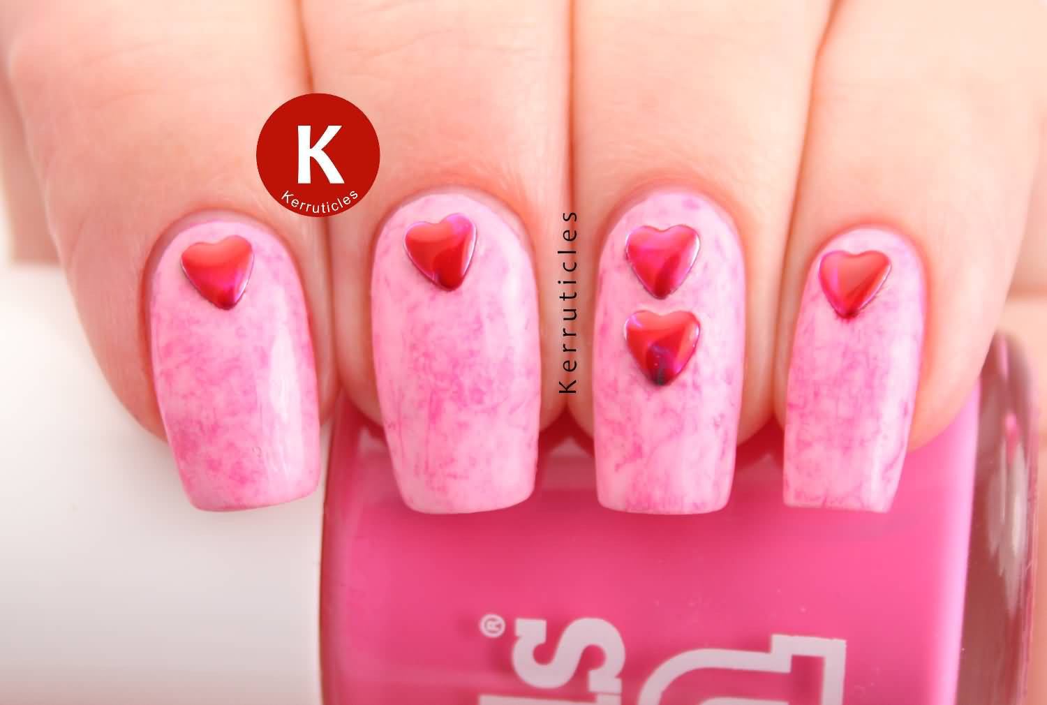 Pink Nails With Red Heart Studs Nail Art