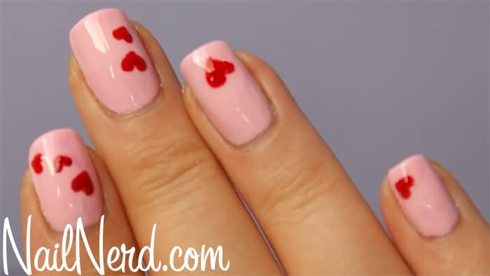 Pink Nails With Red Hearts Nail Art Design Idea