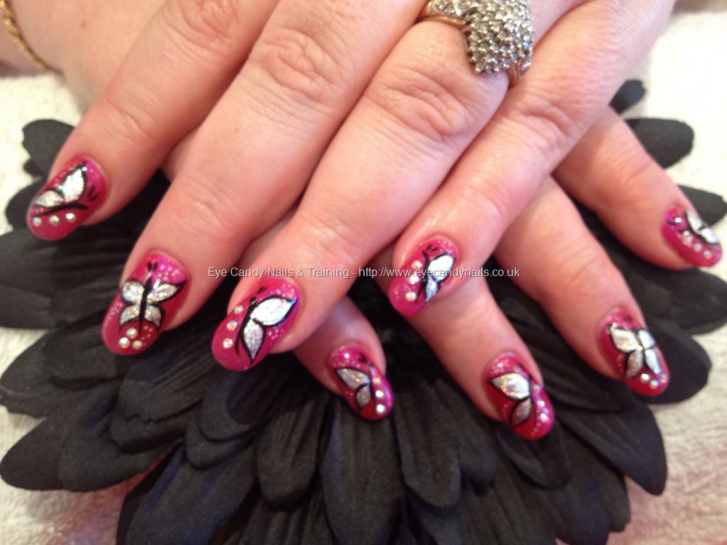Pink Nails With Silver Butterflies Nail Art