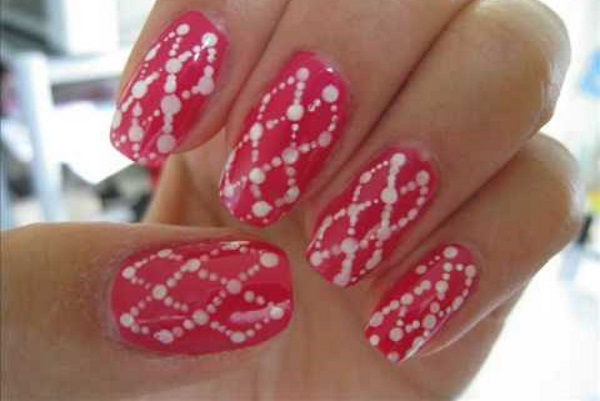 Pink Nails With White Dots Pattern Nail Design Idea