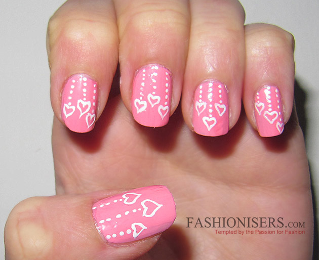 Pink Nails With White Hearts And Dots Design Nail Art