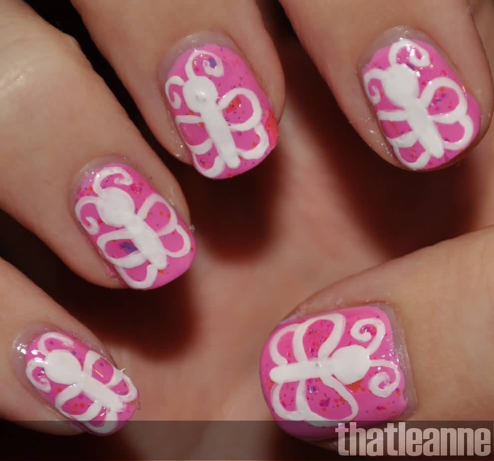 Pink Nails With White Outline Acrylic Butterflies Nial Art