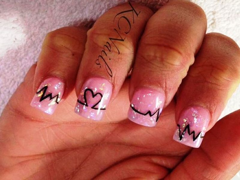 Pink Nails With Heartbeat Nail Art Design