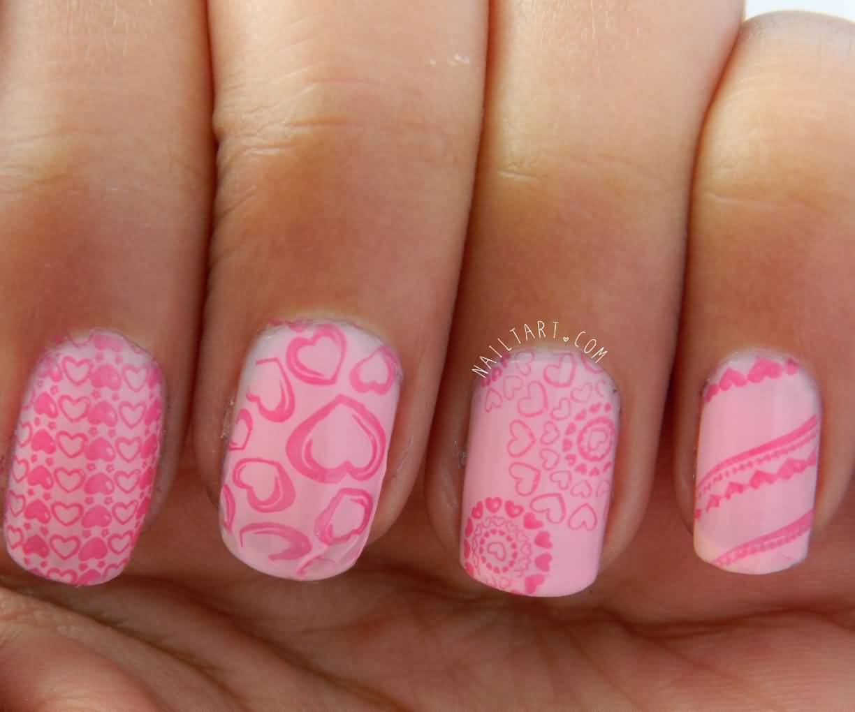 Pink Outline Heart Nail Art Design Idea