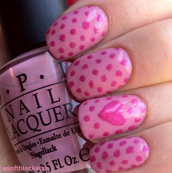 Pink Polka Dot And Heart Nail Art