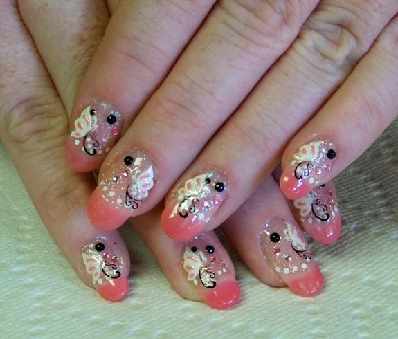 Pink Tip Nails With Butterflies Nail Art Design Idea