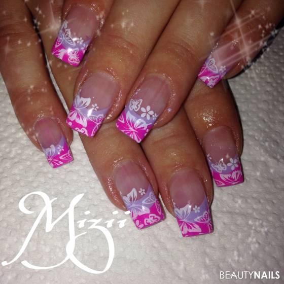 Pink Tip Nails With White Butterflies Nail Art