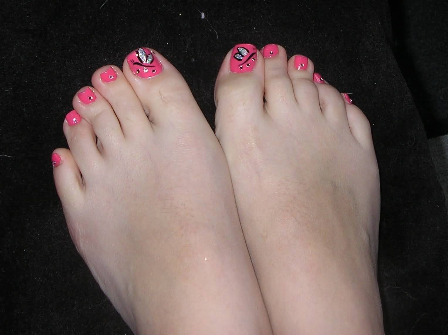 Pink Toe Nails With Butterfly Nail Art