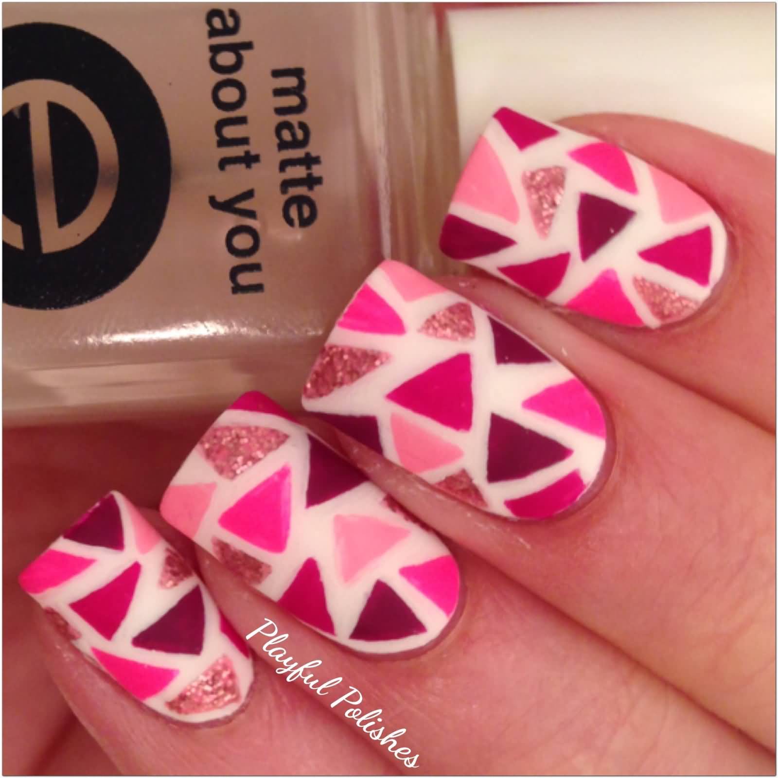 Pink Triangles Mosaic Nail Art Design