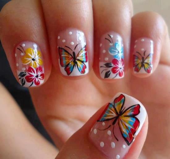 Pink Yellow And Blue Butterfly Nail Art With Flowers Design Idea