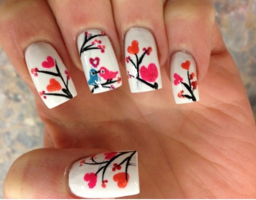Pink and Orange Heart Nail Art With Love Birds Design Idea