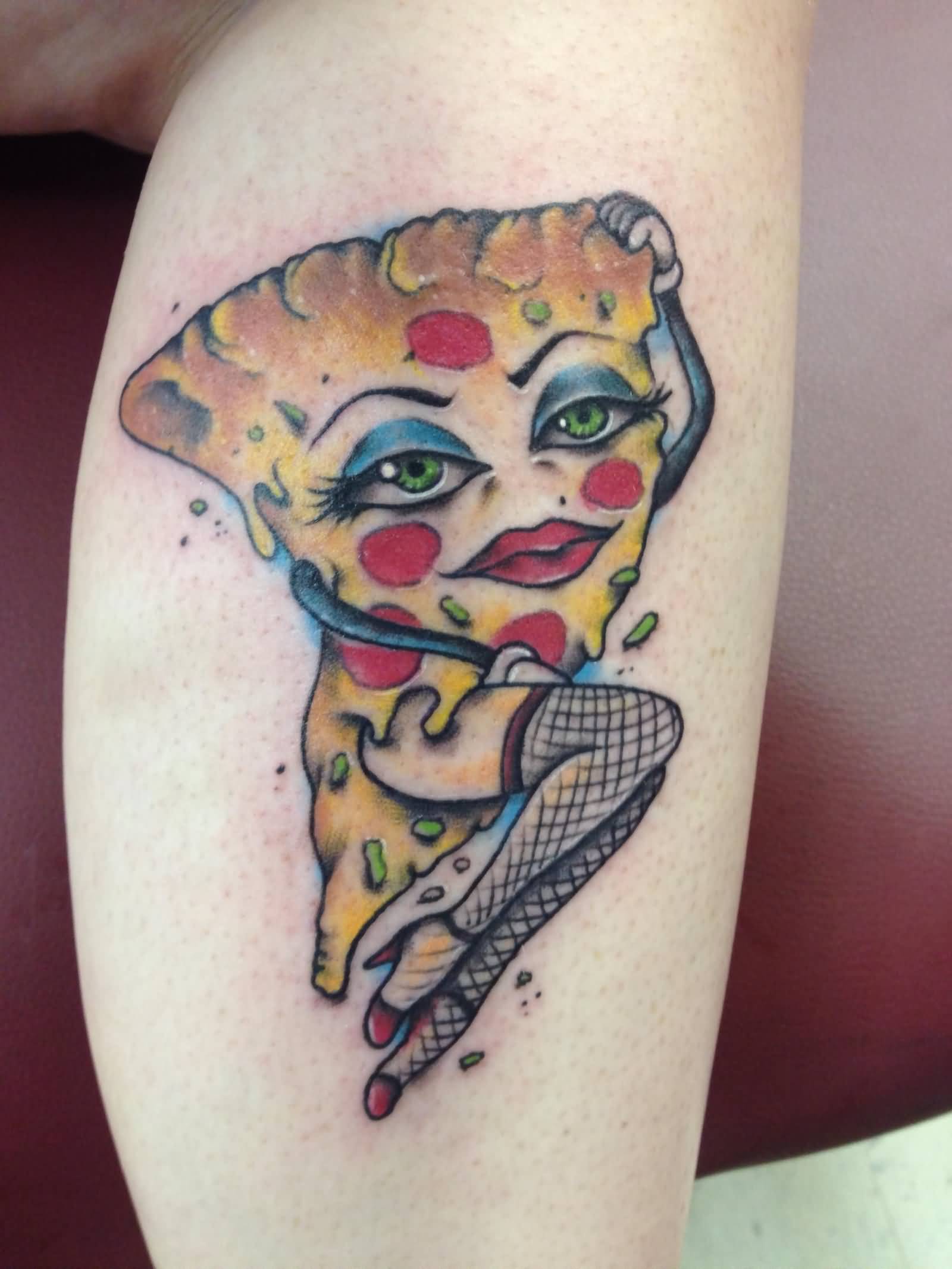 Pizza Girl Tattoo On Leg