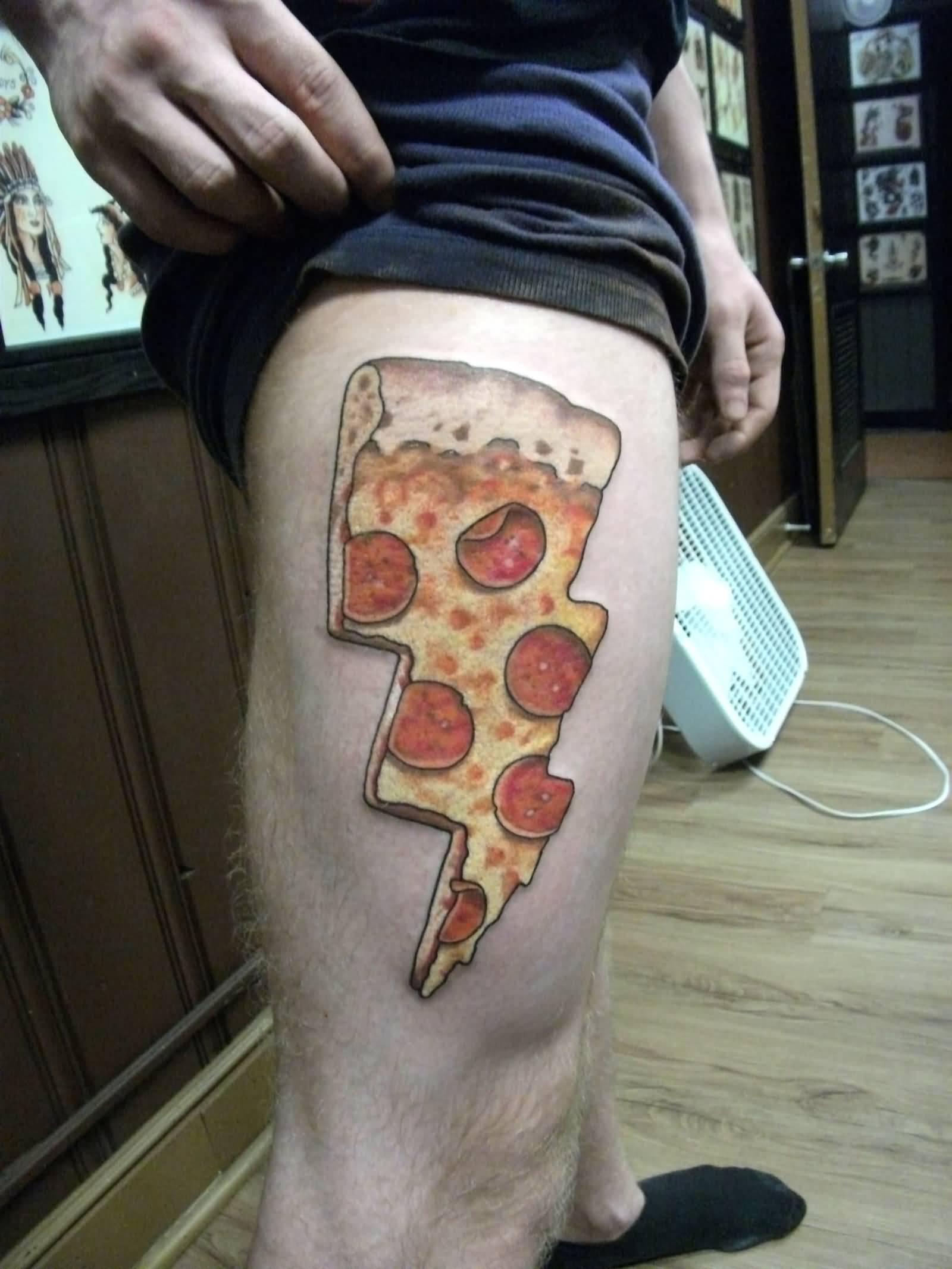 Pizza In Thunder Style Tattoo On Right Thigh